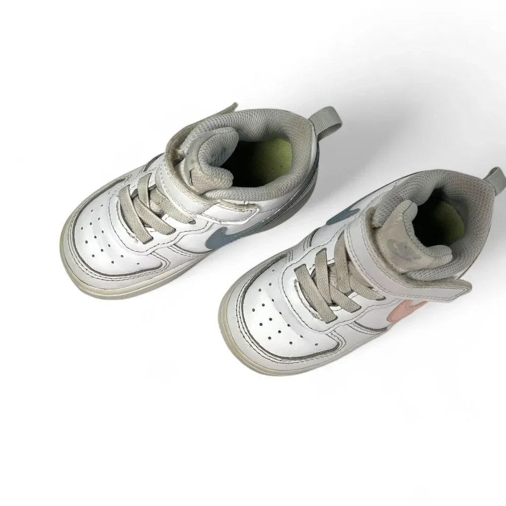 Nike Kids White Sneakers with Blue and Pink Swooshes